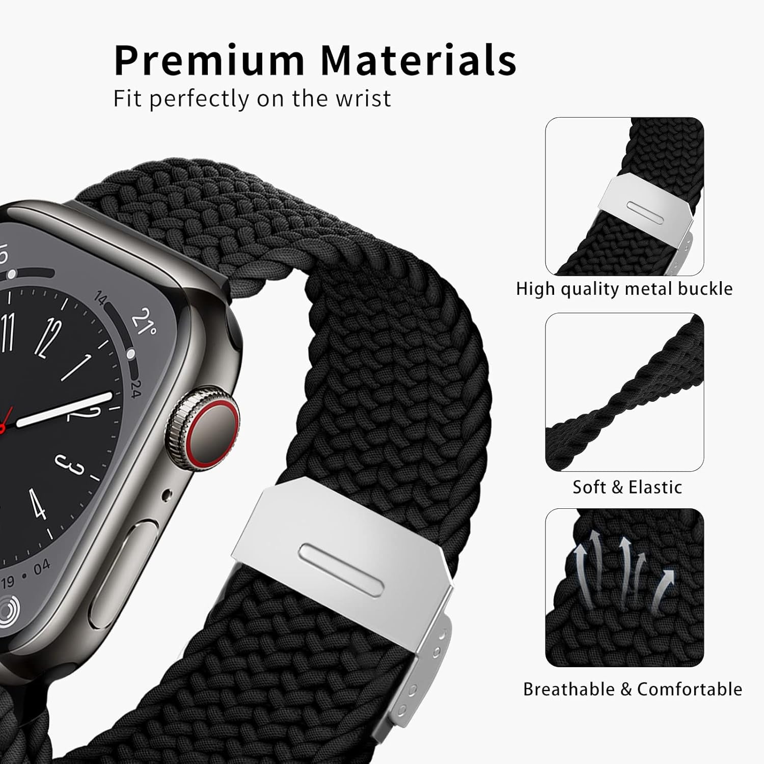 Compatible with Apple Watch Strap Band 49Mm 46Mm 45Mm 44Mm 42Mm Braided Band Replacement Bands Adjustable Stretchable Elastics Sport Wristband for Iwatch Ultra2 Ultra Series10/9/8/7/6/Se/5/4/3/2/1