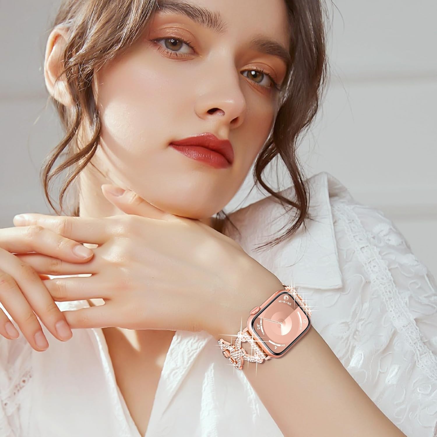 Compatible with Apple Watch Band Series 10 42Mm 41Mm 40Mm 38Mm for Women Girls, Dressy Bling Designer Apple Watch Band for Iwatch Series 10 9 8 7 6 5 4 3 2 1 Iwatch SE (Rose Gold)