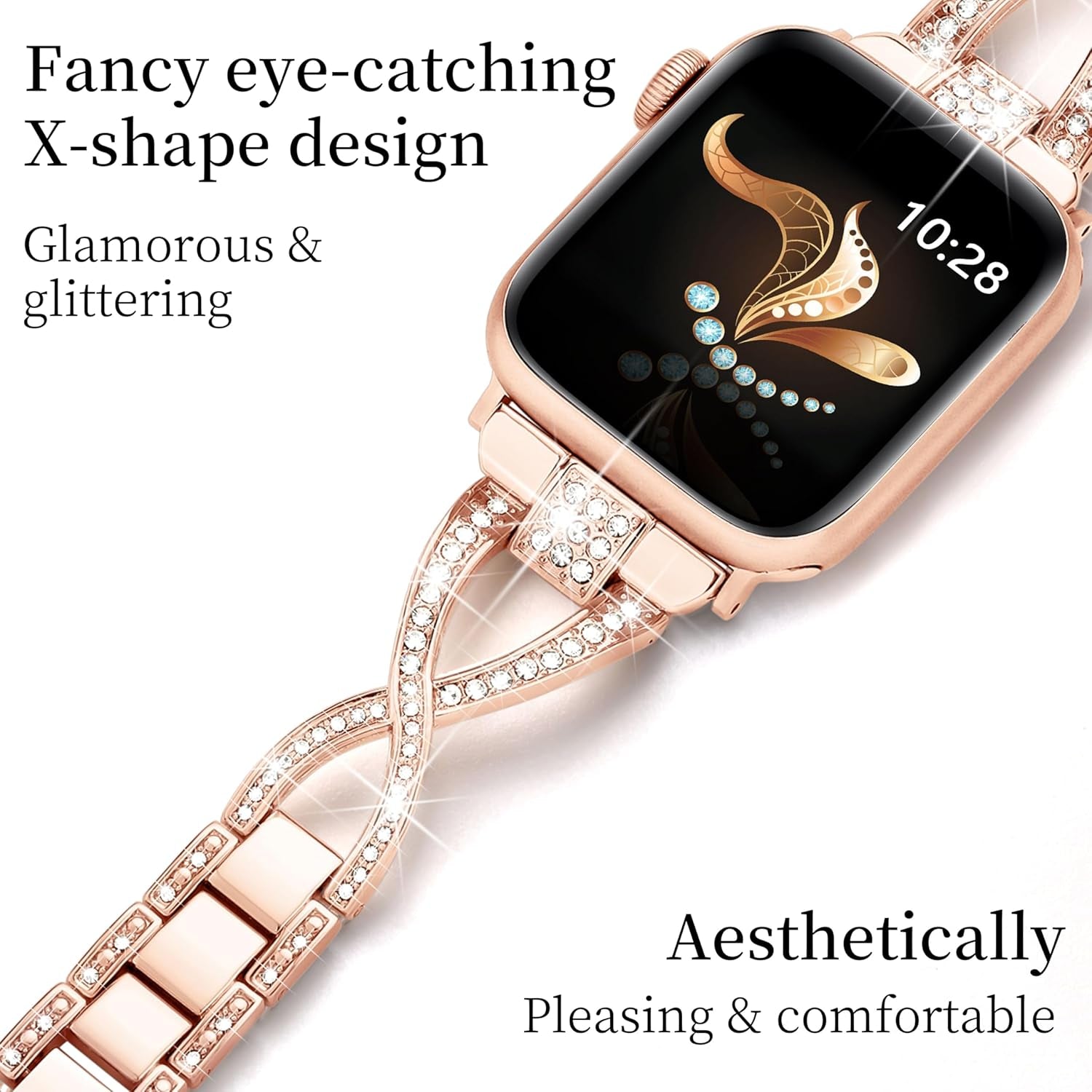Compatible with Apple Watch Strap 42Mm 41Mm 40Mm 38Mm, Glitter Metal Iwatch Band for Iwatch Series 10 9 8 7 6 5 4 3 2 1 SE, Bling Dressy Jewelry Apple Watch Band Bracelet for Women (Rose Gold)