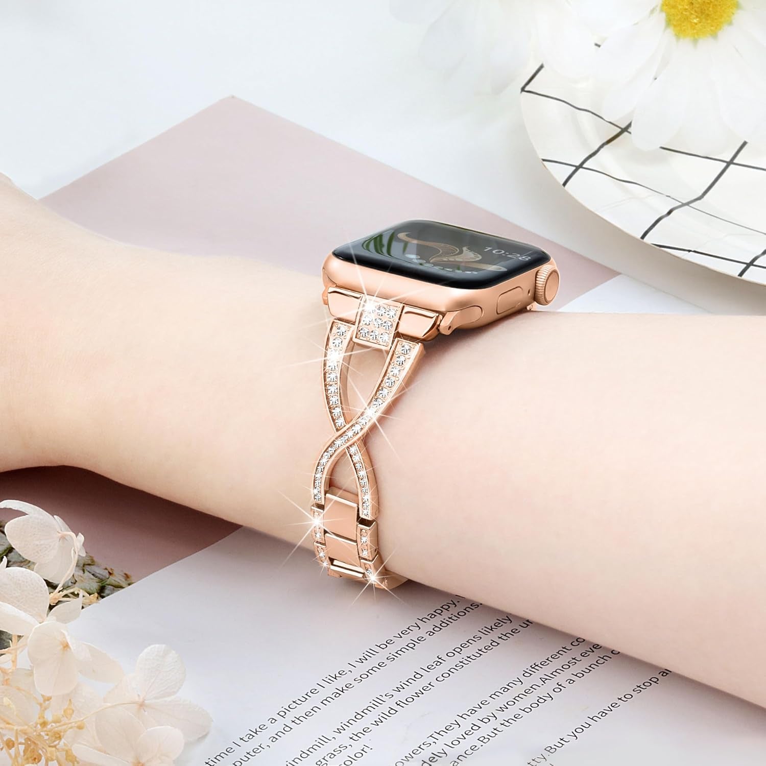 Compatible with Apple Watch Strap 42Mm 41Mm 40Mm 38Mm, Glitter Metal Iwatch Band for Iwatch Series 10 9 8 7 6 5 4 3 2 1 SE, Bling Dressy Jewelry Apple Watch Band Bracelet for Women (Rose Gold)