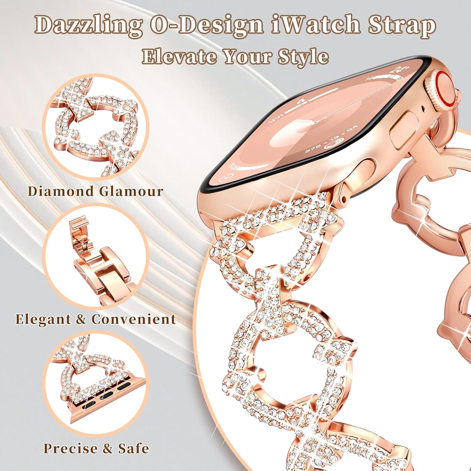 Compatible with Apple Watch Band Series 10 42Mm 41Mm 40Mm 38Mm for Women Girls, Dressy Bling Designer Apple Watch Band for Iwatch Series 10 9 8 7 6 5 4 3 2 1 Iwatch SE (Rose Gold)