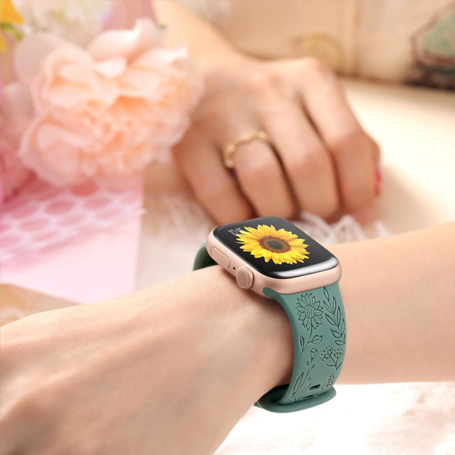 6 Pack Floral Engraved Bands Compatible with Apple Watch Band 40Mm 38Mm 41Mm 42Mm 44Mm 45Mm 49Mm Women, Silicone Soft Cute Flower Pattern Strap for Iwatch Series Ultra Ultra 2 SE 9 8 7 6 5 4 3 2 1