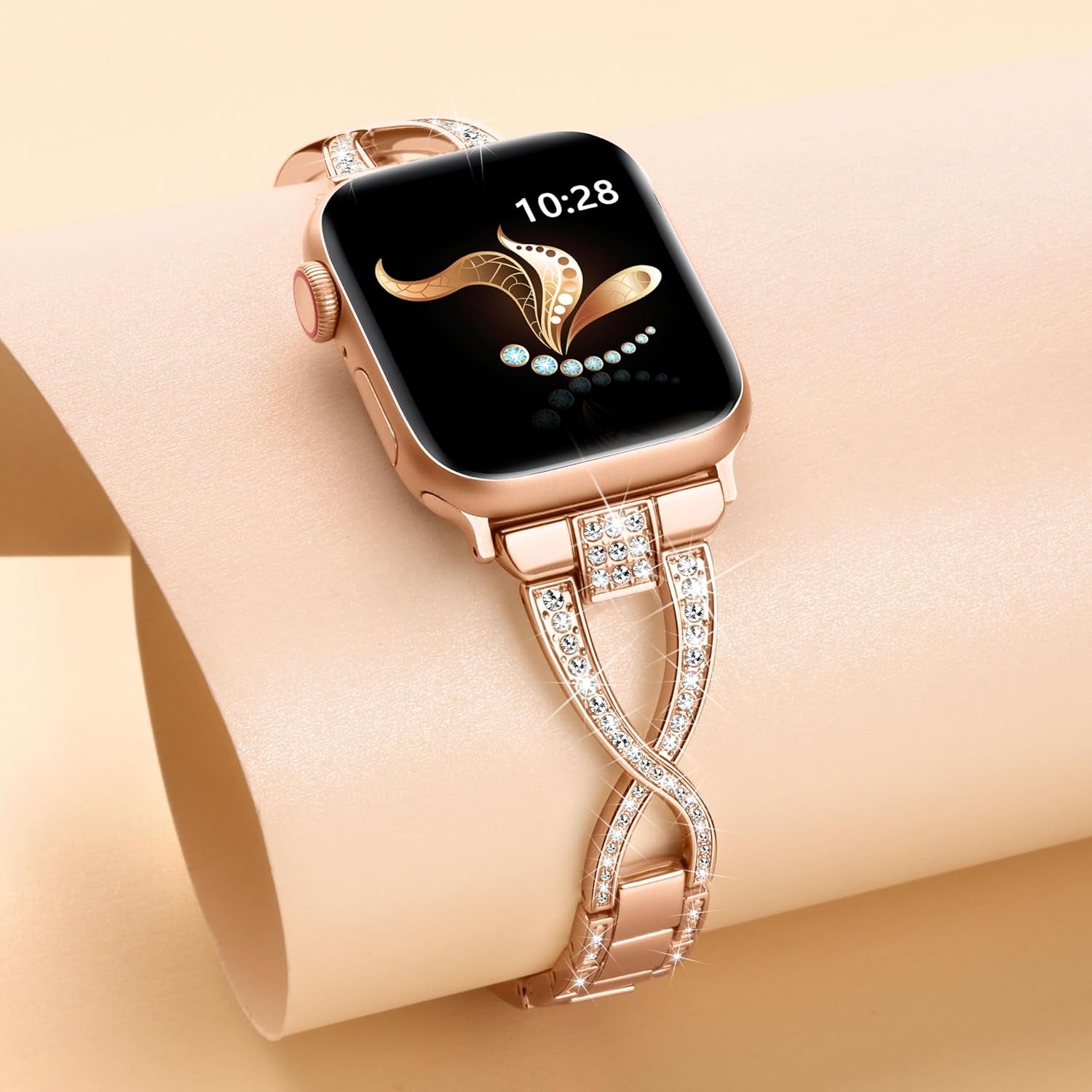 Compatible with Apple Watch Strap 42Mm 41Mm 40Mm 38Mm, Glitter Metal Iwatch Band for Iwatch Series 10 9 8 7 6 5 4 3 2 1 SE, Bling Dressy Jewelry Apple Watch Band Bracelet for Women (Rose Gold)