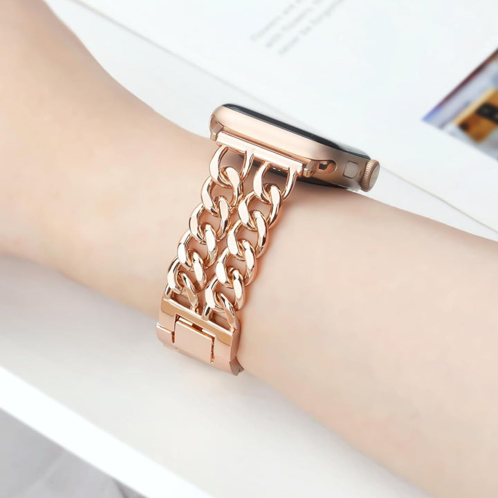 Compatible with Apple Watch Band 42Mm 41Mm 40Mm 38Mm, Stainless Steel Metal Strap for Apple Watch Series 10 9 8 7 6 5 4 3 2 1 SE, Adjustable Cool Style Chain Iwatch Band for Women（Rose Gold）
